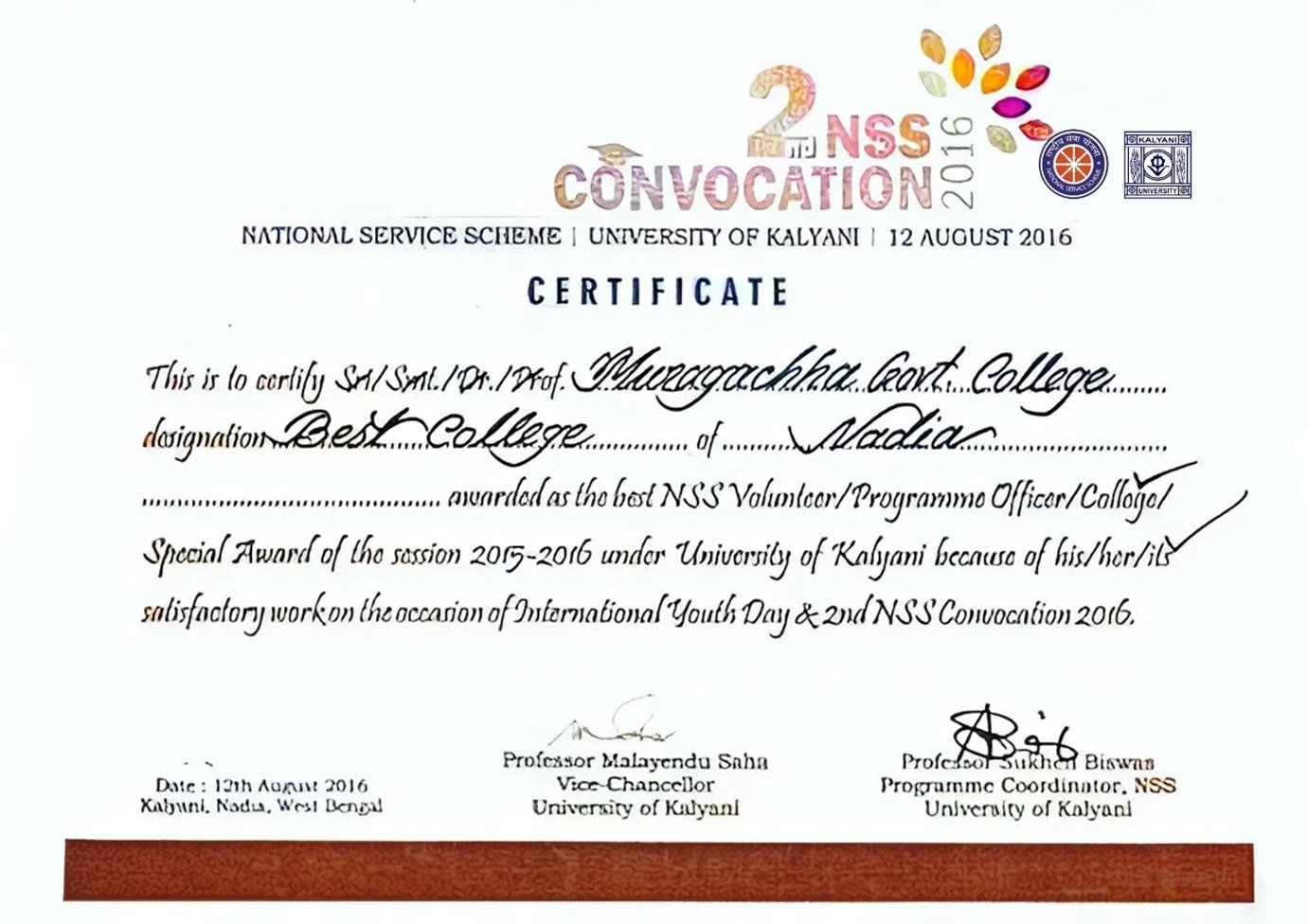 NSS Best College Award 2015-2016